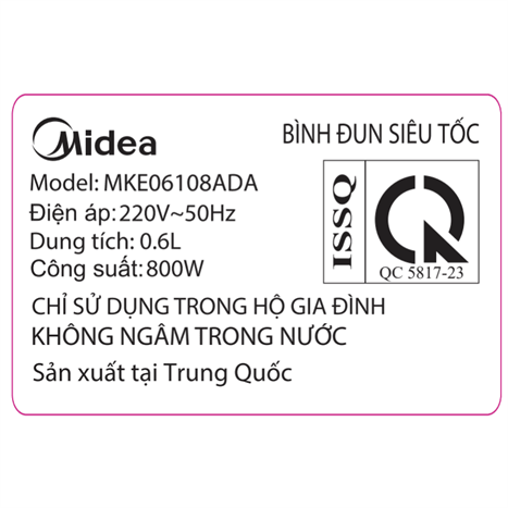 Bình đun siêu tốc Midea 0.6 lít MKE06108ADA Màu Kem