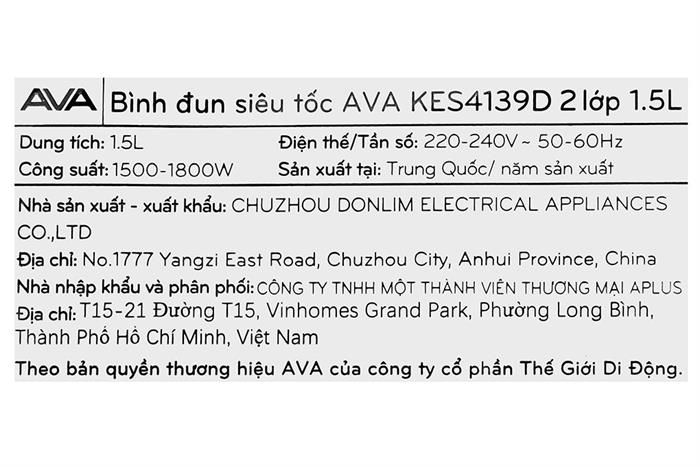 Bình đun siêu tốc AVA 1.5 lít KES4139D Màu Màu be