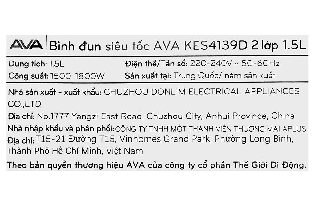 Bình đun siêu tốc AVA 1.5 lít KES4139D Màu Màu be