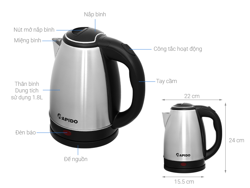 Bình đun siêu tốc Rapido 1.8 lít RK-1815-2