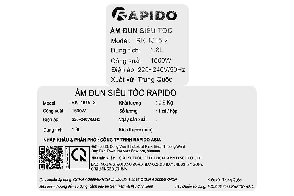 Bình đun siêu tốc Rapido 1.8 lít RK-1815-2 Màu Bạc Inox
