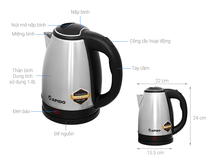Bình đun siêu tốc Rapido 1.8 lít RK-1815-3