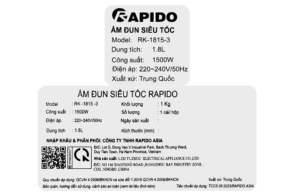 Bình đun siêu tốc Rapido 1.8 lít RK-1815-3 Màu Bạc Inox