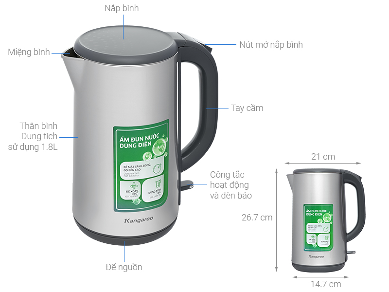 Bình đun siêu tốc Kangaroo 1.8 lít KGWK18S1G