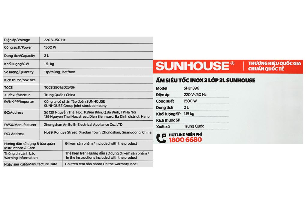 Bình đun siêu tốc Sunhouse 2 lít SHD1396 Màu Inox