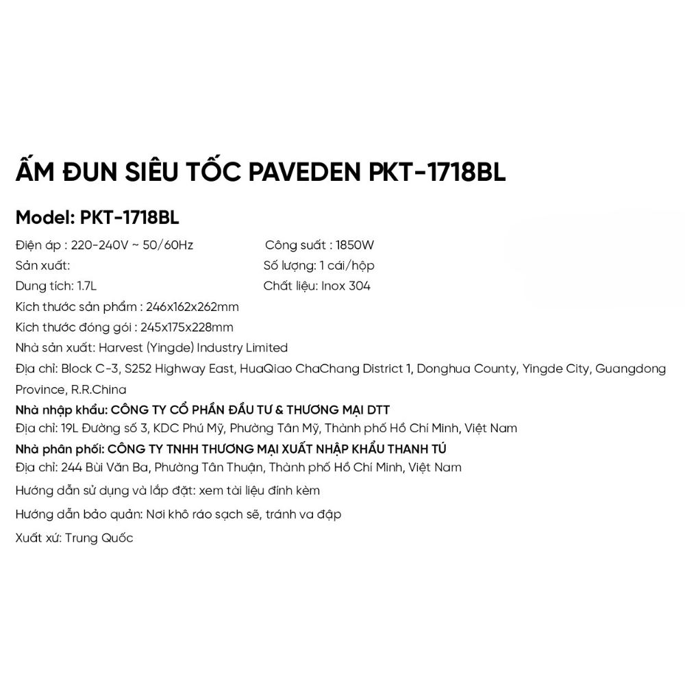 Bình đun siêu tốc Paveden 1.7 lít PKT-1718BL Màu Xanh Dương