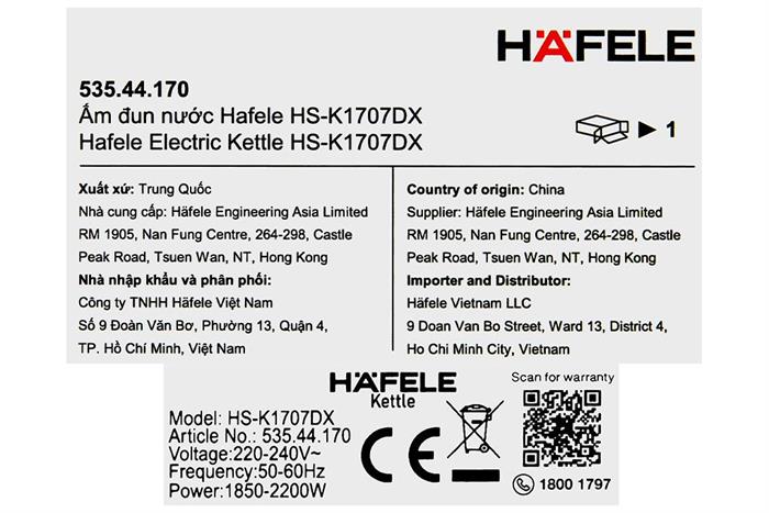 Bình đun siêu tốc Hafele 1.7 lít HS-K1707DX Màu Bạc
