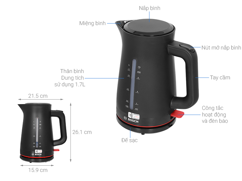 Bình đun siêu tốc Bosch 1.7 lít TWK3M123