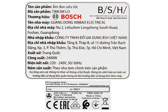 Bình đun siêu tốc Bosch 1.7 lít TWK3M123 Màu Đen