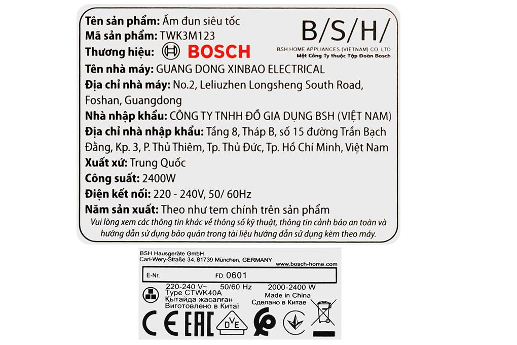 Bình đun siêu tốc Bosch 1.7 lít TWK3M123 Màu Đen