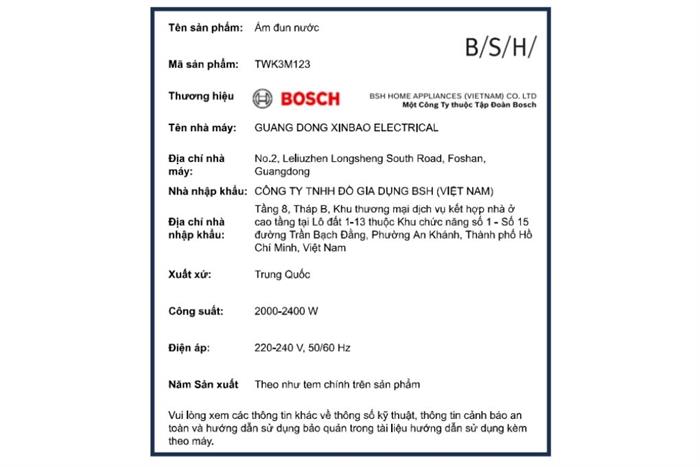 Bình đun siêu tốc Bosch 1.7 lít TWK3M123 Màu Đen