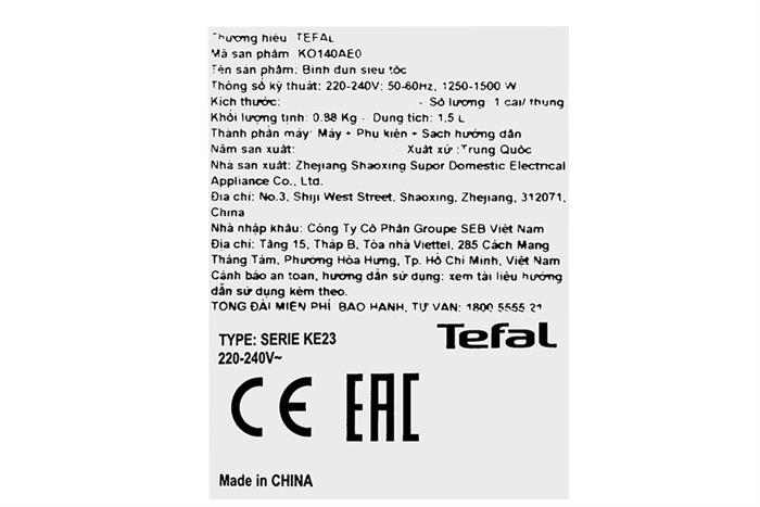 Bình đun siêu tốc Tefal 1.5 lít KO140AE0 Màu Trắng