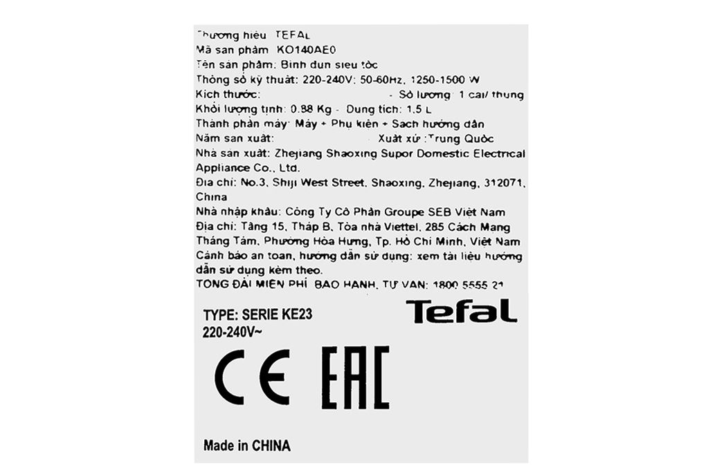 Bình đun siêu tốc Tefal 1.5 lít KO140AE0 Màu Trắng