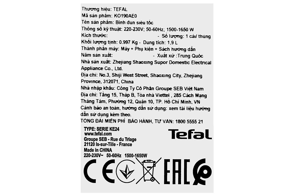 Bình đun siêu tốc Tefal 1.9 lít KO190AE0 Màu Trắng