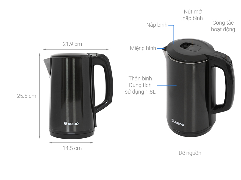 Bình đun siêu tốc Rapido 1.8 lít RK1817-G