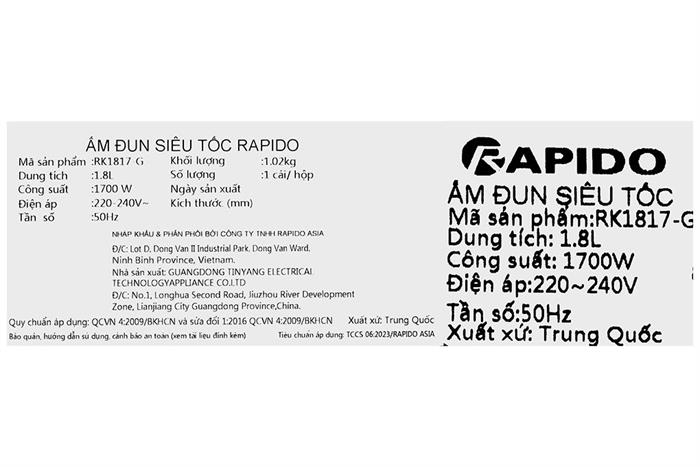 Bình đun siêu tốc Rapido 1.8 lít RK1817-G Màu Ghi