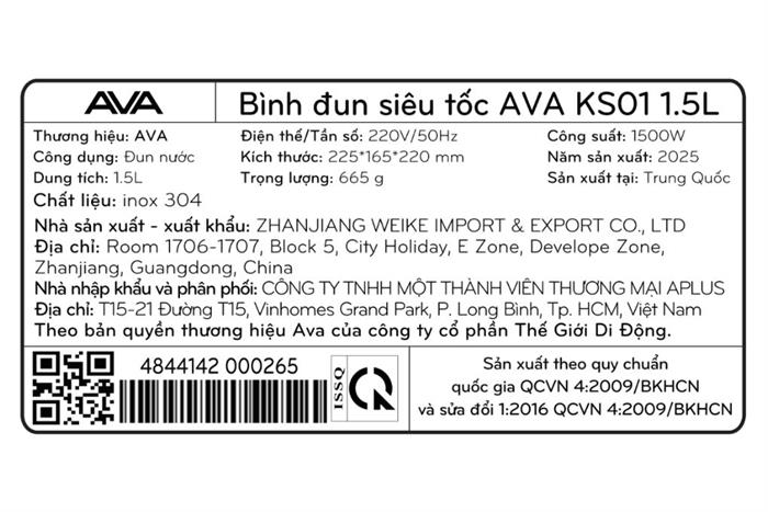 Bình đun siêu tốc AVA 1.5 lít KS01 Màu Inox