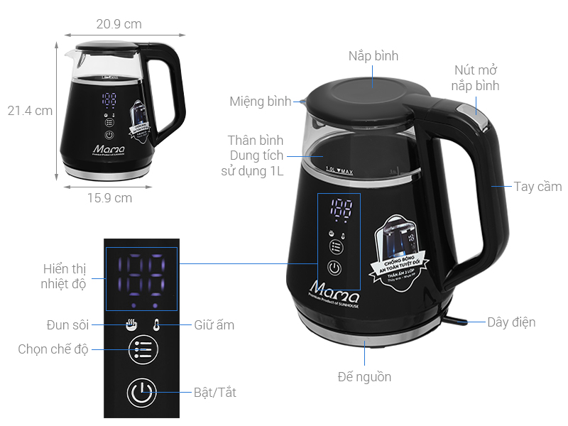 Bình đun siêu tốc Sunhouse Mama 1 lít SHD1332