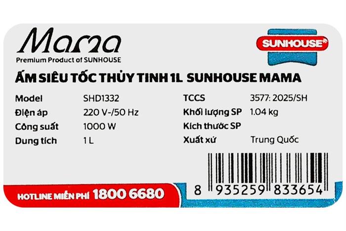 Bình đun siêu tốc Sunhouse Mama 1 lít SHD1332 Màu Đen
