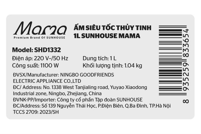 Bình đun siêu tốc Sunhouse Mama 1 lít SHD1332 Màu Đen