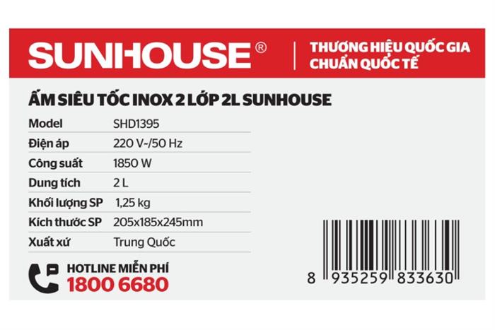 Bình đun siêu tốc Sunhouse 2 lít SHD1395 Màu Trắng