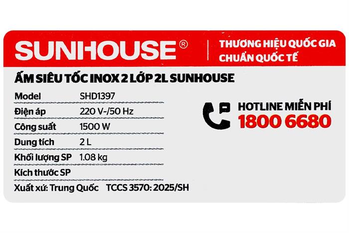 Bình đun siêu tốc Sunhouse 2 lít SHD1397 Màu Đen