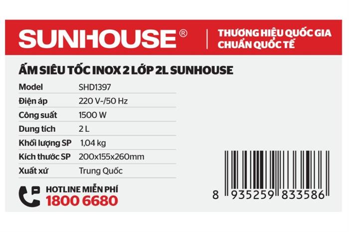 Bình đun siêu tốc Sunhouse 2 lít SHD1397 Màu Đen