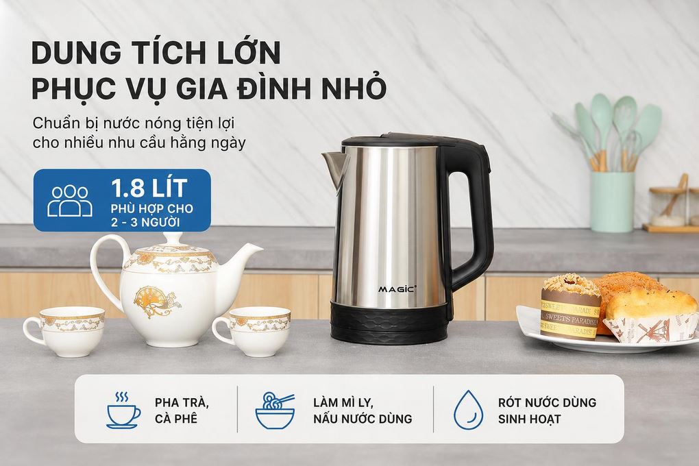 Bình đun siêu tốc Magic 1.8 lít A-072 Màu Đen