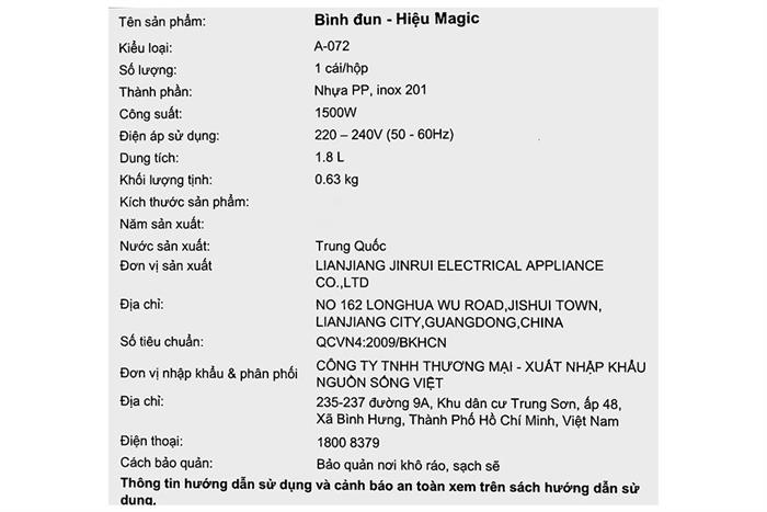 Bình đun siêu tốc Magic 1.8 lít A-072 Màu Đen