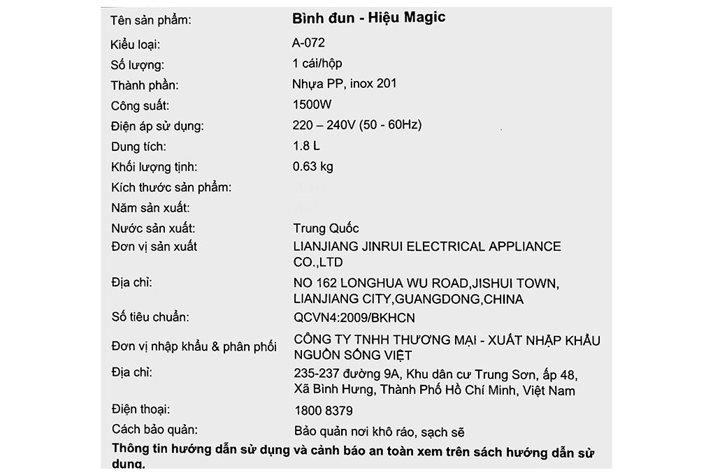 Bình đun siêu tốc Magic 1.8 lít A-072 Màu Đen