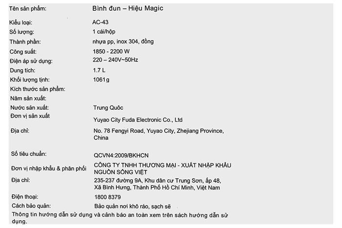 Bình đun siêu tốc Magic Eco 1.7 lít AC-43 Màu Đen