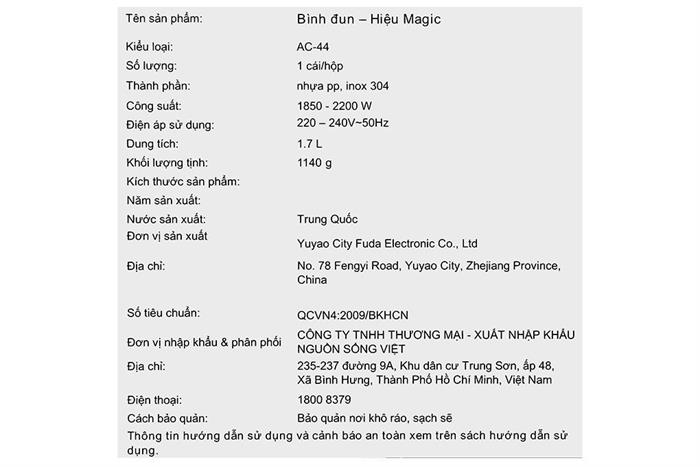 Bình đun siêu tốc Magic Eco 1.7 lít AC-44 Màu Trắng