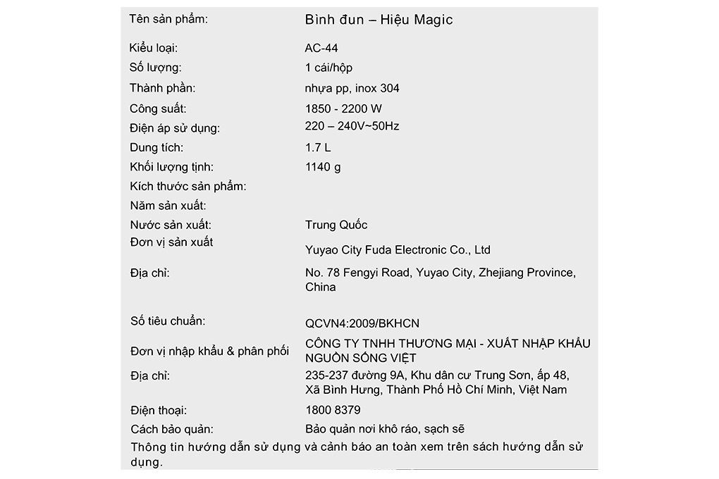 Bình đun siêu tốc Magic Eco 1.7 lít AC-44 Màu Trắng