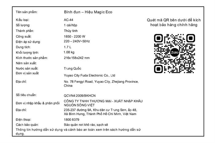 Bình đun siêu tốc Magic Eco 1.7 lít AC-44 Màu Trắng