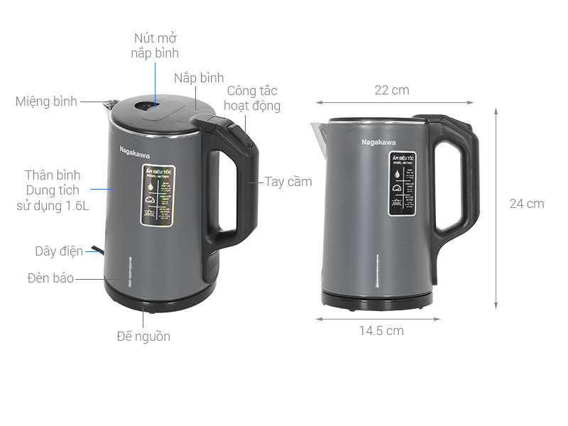 Bình đun siêu tốc Nagakawa 1.6 lít NKT2615
