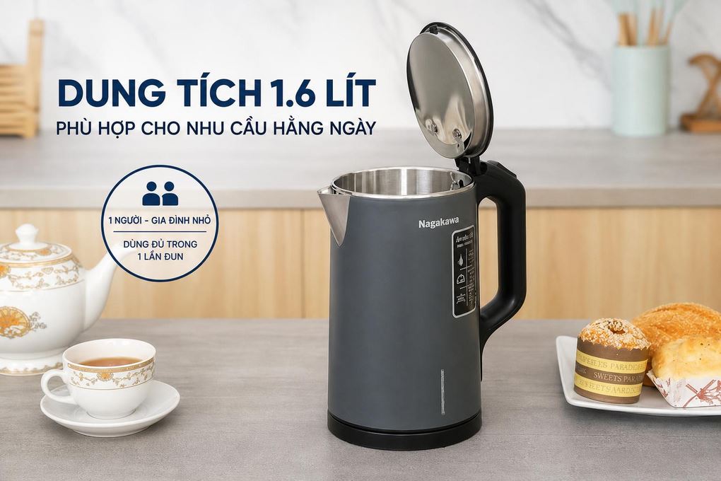 Bình đun siêu tốc Nagakawa 1.6 lít NKT2615 Màu Xám đậm