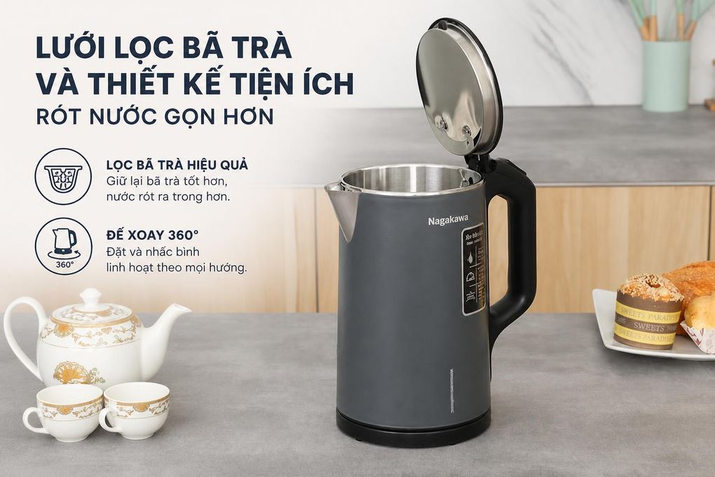 Bình đun siêu tốc Nagakawa 1.6 lít NKT2615 Màu Xám đậm