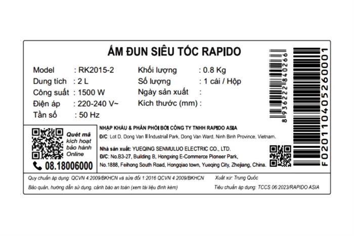 Bình đun siêu tốc Rapido 2 lít RK2015-2 Màu Inox