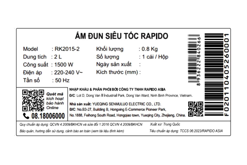 Bình đun siêu tốc Rapido 2 lít RK2015-2 Màu Inox