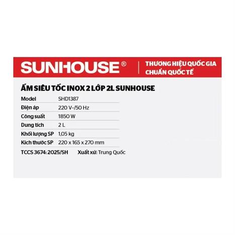 Bình đun siêu tốc Sunhouse 2 lít SHD1387 Màu Trắng