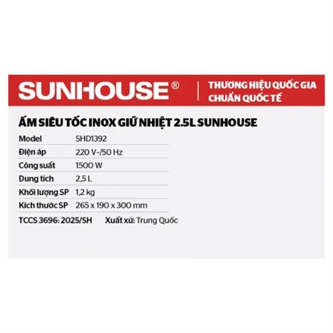 Bình đun siêu tốc Sunhouse 2.5 lít SHD1392 Màu Trắng