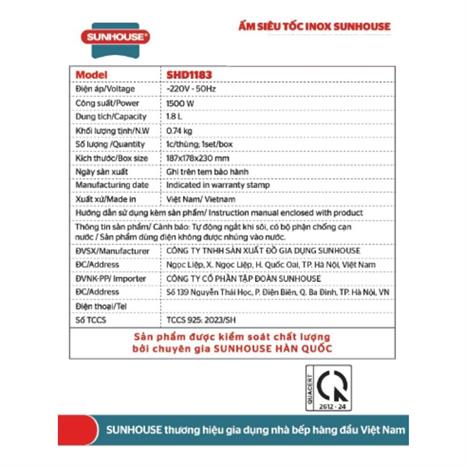 Bình đun siêu tốc Sunhouse 1.8 lít SHD1183 Màu Bạc