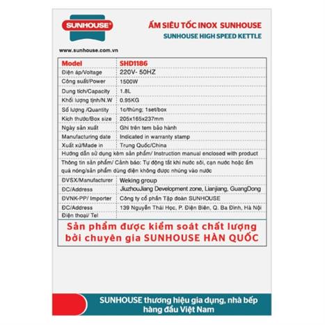 Bình đun siêu tốc Sunhouse 1.8 lít SHD1186 Màu Bạc