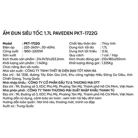 Bình đun siêu tốc Paveden 1.7 lít PKT-1722G Màu Trắng
