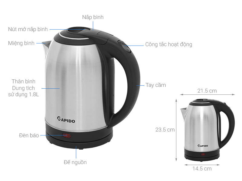Bình đun siêu tốc Rapido 1.8 lít RK1815-2S