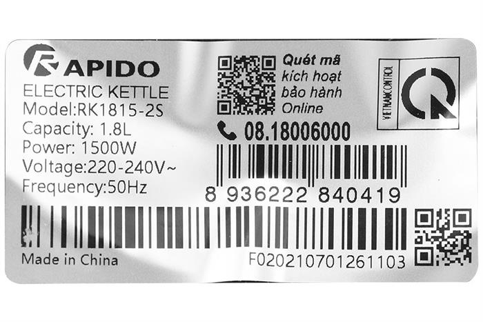 Bình đun siêu tốc Rapido 1.8 lít RK1815-2S Màu Inox