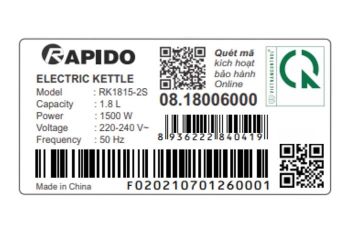 Bình đun siêu tốc Rapido 1.8 lít RK1815-2S Màu Inox