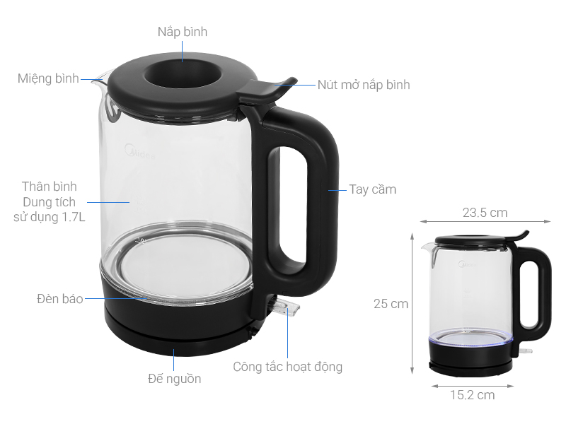 Bình đun siêu tốc Midea 1.7 lít MKE170M1BGK