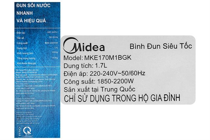 Bình đun siêu tốc Midea 1.7 lít MKE170M1BGK Màu Đen