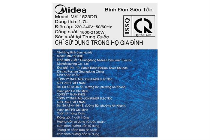 Bình đun siêu tốc Midea 1.7 lít MK-1523DD Màu Đen